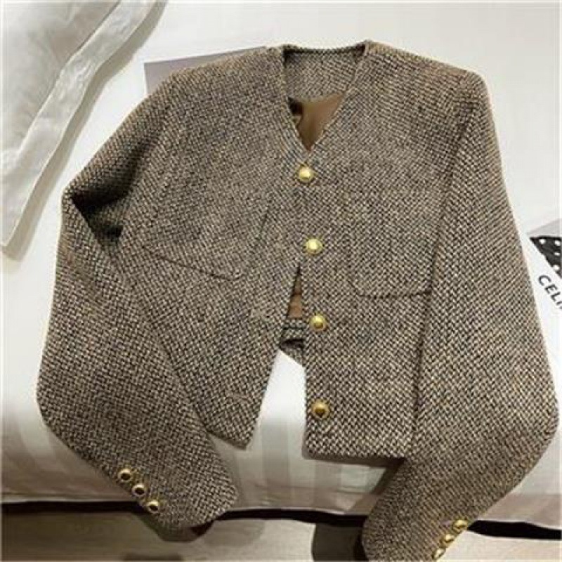 Khaki Short 2023 Early Autumn Style British Simple Temperament Of The Girl Woolen Small Fragrance Top Cardigan Coat