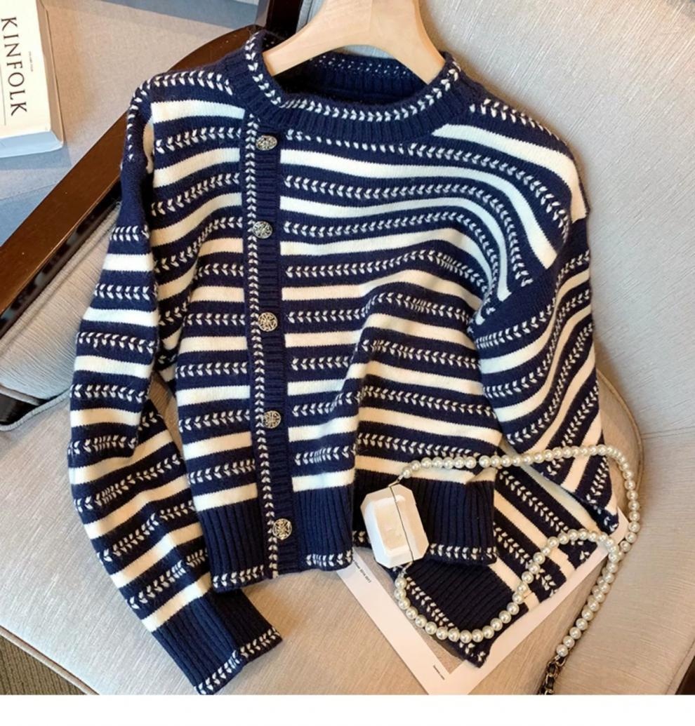 Striped Knitwear Women's Fall/winter Casual Loose Match Crew Neck Sweater