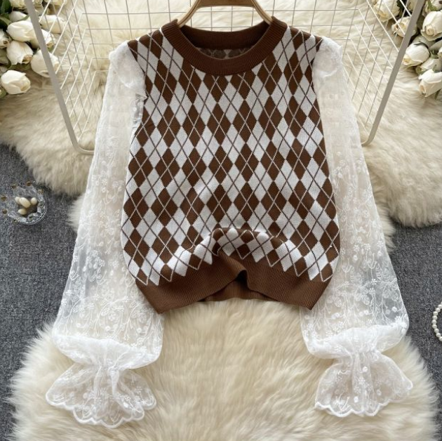 High-grade Diamond Check Knitwear Women's Autumn Winter Lace Pod Sleeve Design Temperament Light Luxury Top