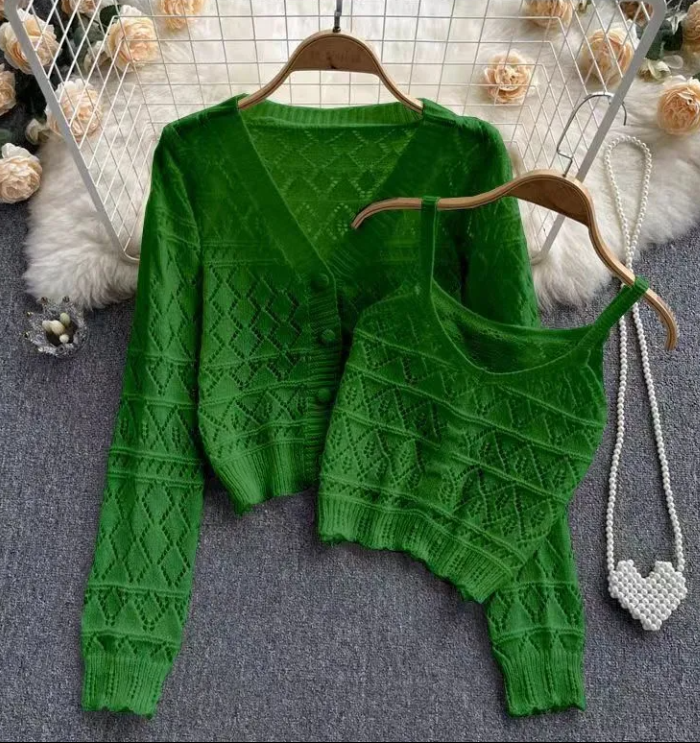 Knitwear Short Small Two-piece Sweater Sexy Top Female Burst Fashion Outside With Cardigan Spring And Autumn