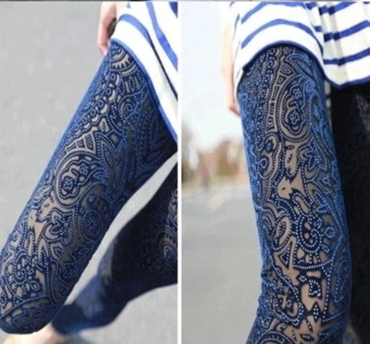 Canary Leggings Color Print Hollow Fake Flesh Lace Splicing High Waisted Stretch For Women