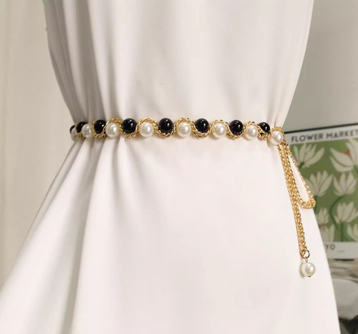 Pearl Chain Woven Waist Chain For Women With Dress Narrow Waist Belt Summer Accessory Chain Extended Decorative Sweater Chain