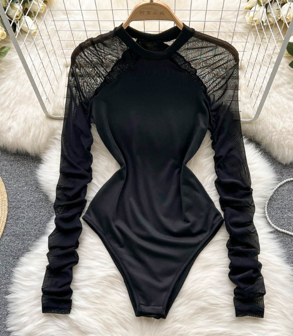 Spring/summer Fashion Mesh Tight Slim-fit Onesie Long Sleeve Solid Color Base T-shirt Onesie Trend