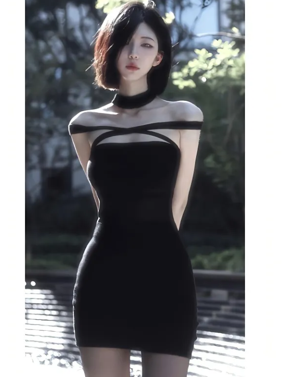 Temperament Hanging Neck One Shoulder Cross Lacing Hollow Dress Female Pure Want Fashion Package Hip Skirt Skirt