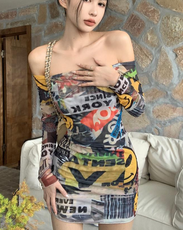 Personality Printed Mesh Dress Female Summer Spice Style Line Shoulder Fanny Pack Hip Skirt Skirt