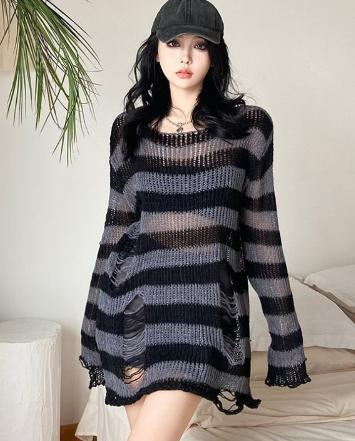 Lazy Wind Broken Sweater Dress Women's Early Autumn Long Loose Thin Striped Summer Knitted Sunblock Blouse Blouse