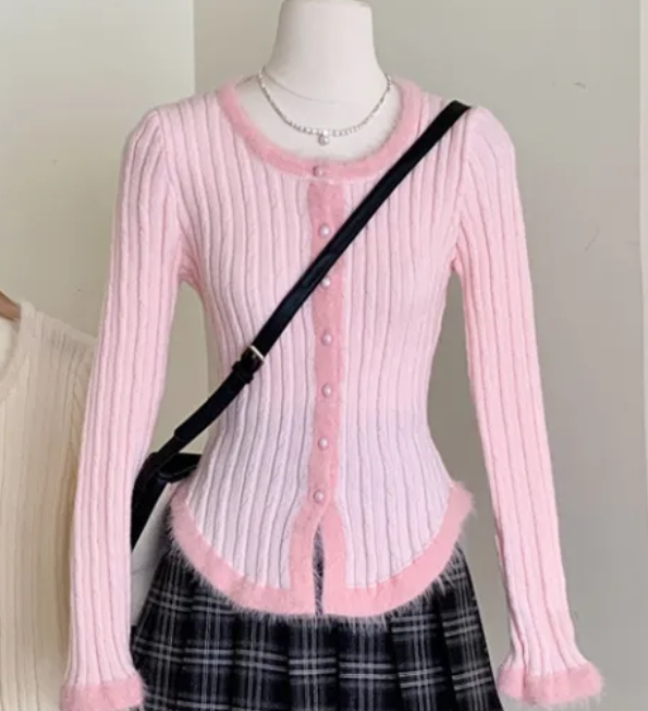 Plush Splicing Pit Long Sleeve Knitted Cardigan Female Korean Version Chic Slim Sweater Base Shirt Top