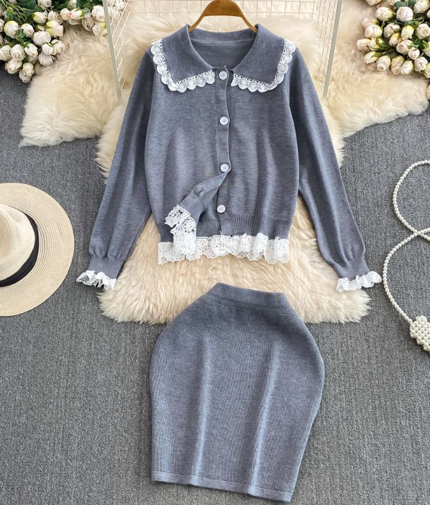 Fashion Suit Korean Lace Patchwork Doll Collar Single-breasted Cardigan Knit Two-piece Set High Waist Pack