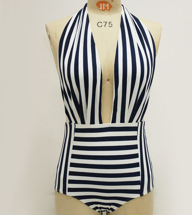 Deep V Stripe One Piece Swimwear Bathsuit Bikinis