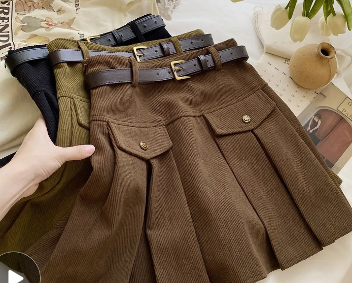 Corduroy Pleated Skirt For Women Autumn And Winter High-waisted A-word Slimming Age Retro All Matching Foreign Style Skirt With Belt