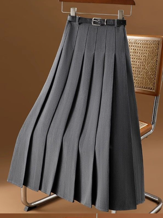 Gray Suit In The Long Skirt Women's Retro Slim A-line Long Skirt Temperament Casual Pleated Skirt