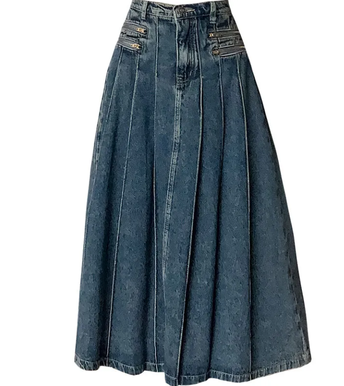 Retro Soft Denim Skirt Women's Summer Thin High Waist Loose Slimming Design Sense Pleated Midi Skirt