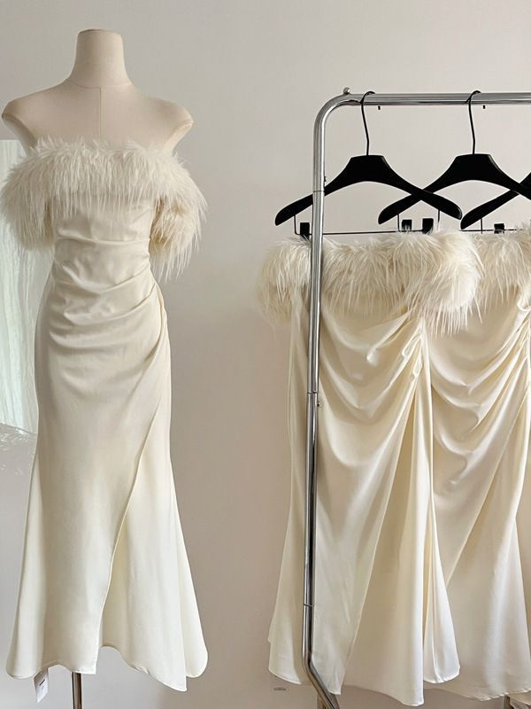 Autumn Women's Dress White One-shoulder Dress Sexy Figure Skirt Imitation Ostrich Fur Two Color Satin Long Dress