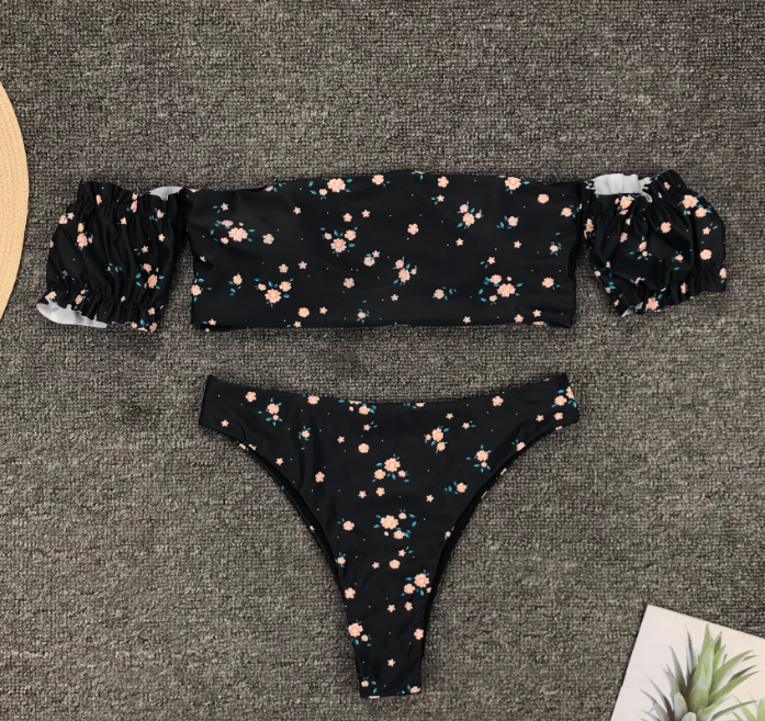 Two-piece Swimsuit Women's Print Sleeved High-waisted Bikini