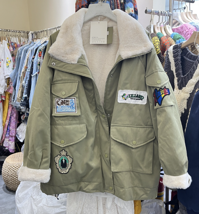 Medium And Long Military Green Party To Overcome Female Winter Cotton-padded Jacket Korean Version Of Loose Imitation Rabbit Velvet Liner Coat