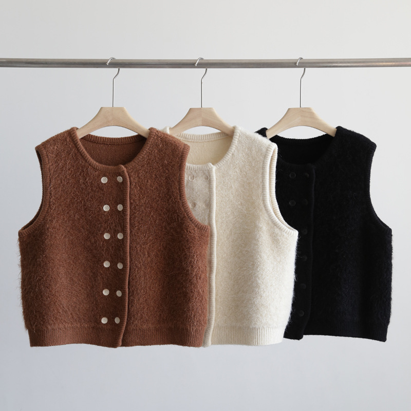 Autumn And Winter Circle Long Pile Thick Round Neck Knitted Vest Loose