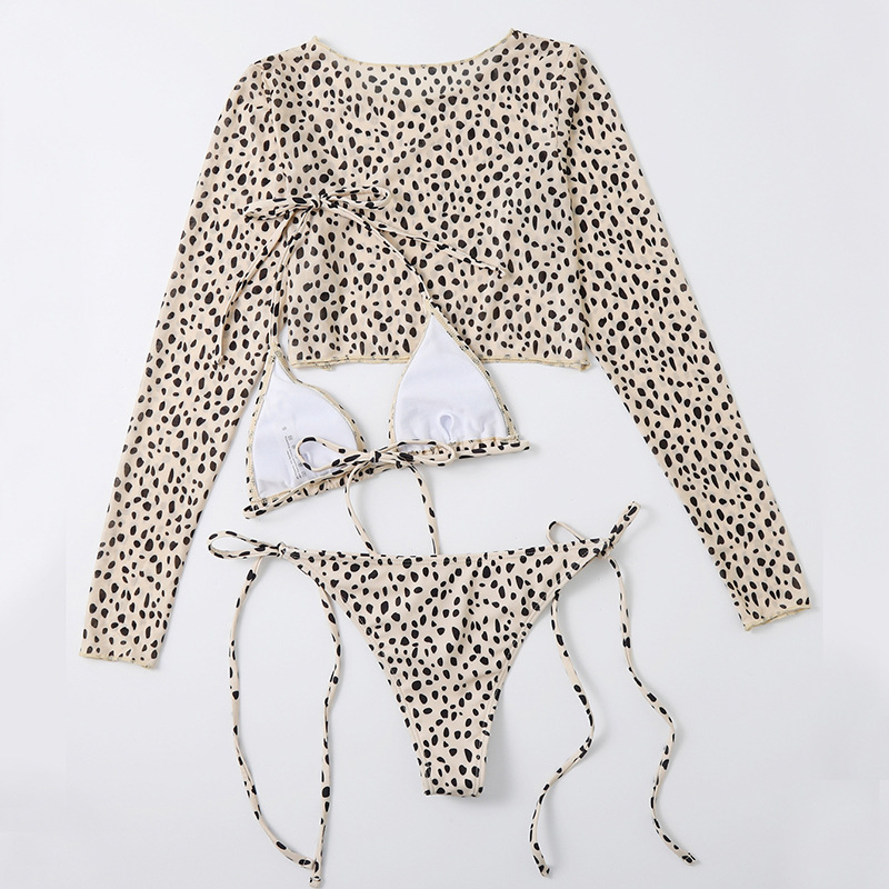 Long Sleeve Mesh Coat Women's Three-piece Swimsuit Leopard Print Sexy Bikini
