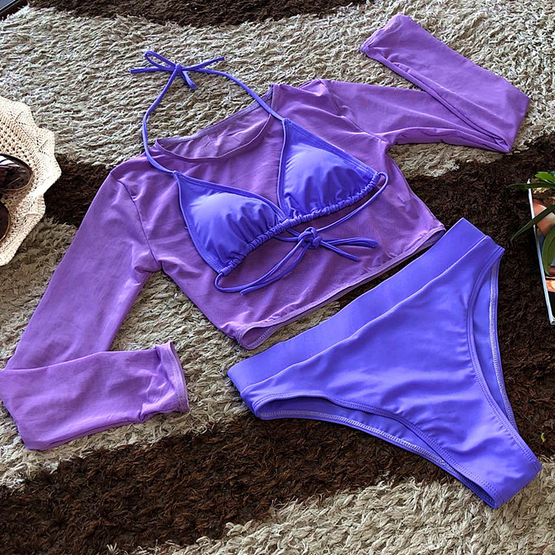 Sexy Two-piece Swimsuit Plus Size Three-piece Mesh Bikini With Long Sleeves