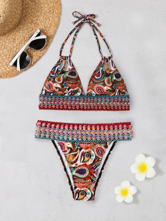 Printed Lace-up High-waisted Beach Bikini Two-piece
