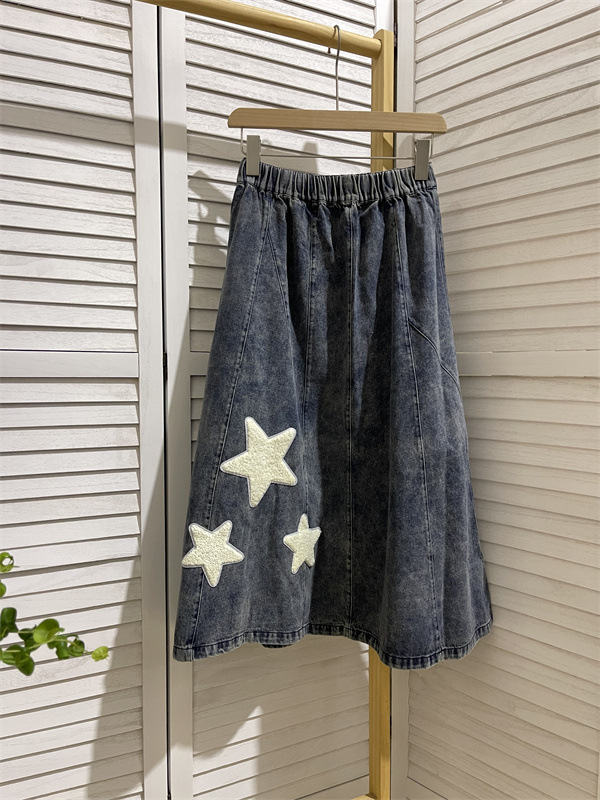 Five-pointed Applique Embroidery Snowflake Wash Stitching A-line Skirt Skirt Denim Skirt