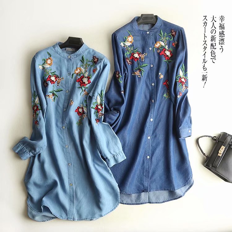 Spring Stand-up Collar Colorful Floral Embroidery Tencel Dress Soft Slimming Shirt Dress