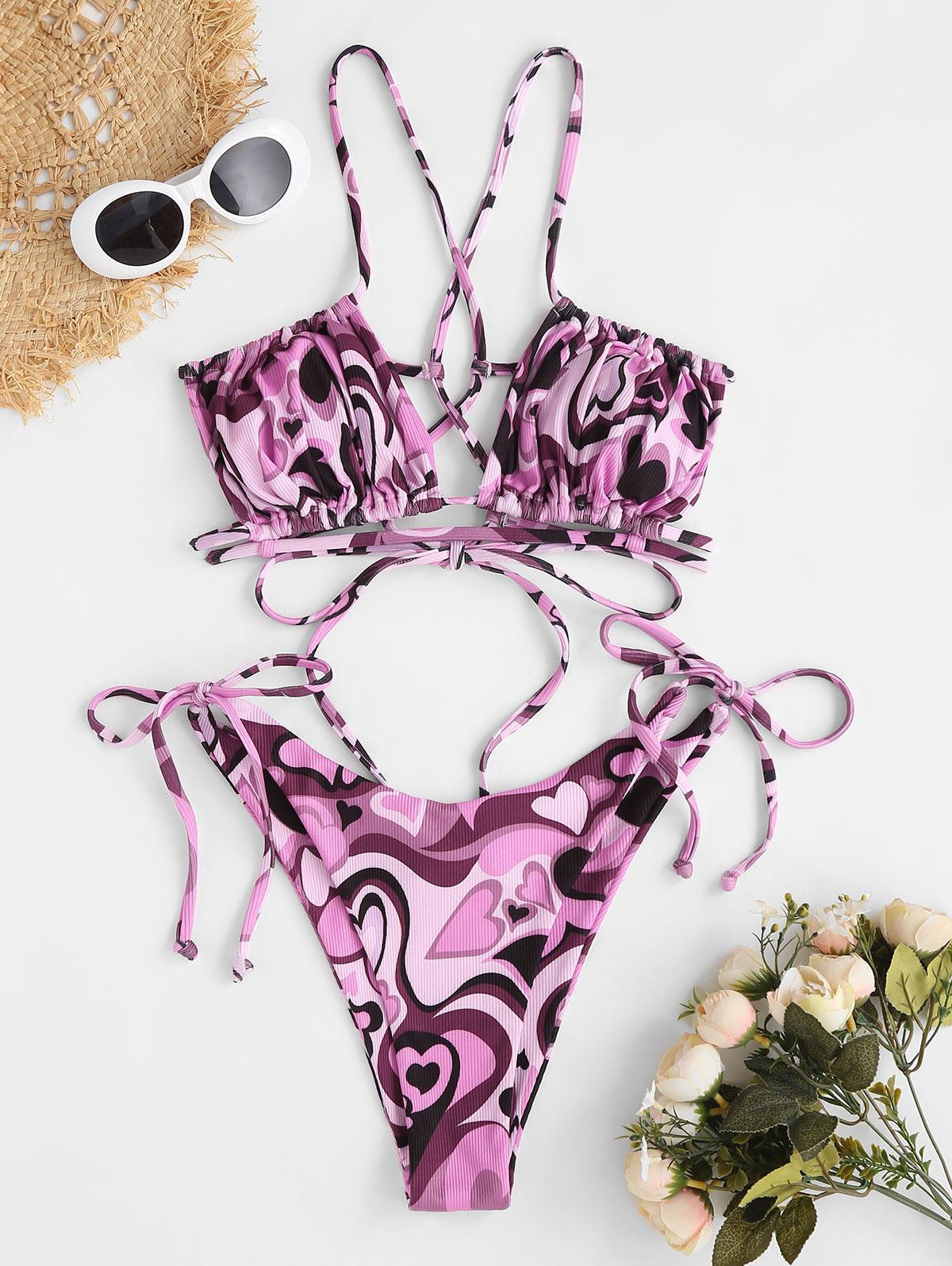Purple Love Print Two-piece Swimsuit Women's Halter Bikini