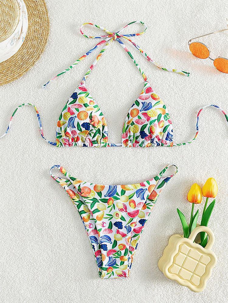 Sexy High-waisted Triangle Bikini Print Halter Strap Spring Two-piece Swimsuit