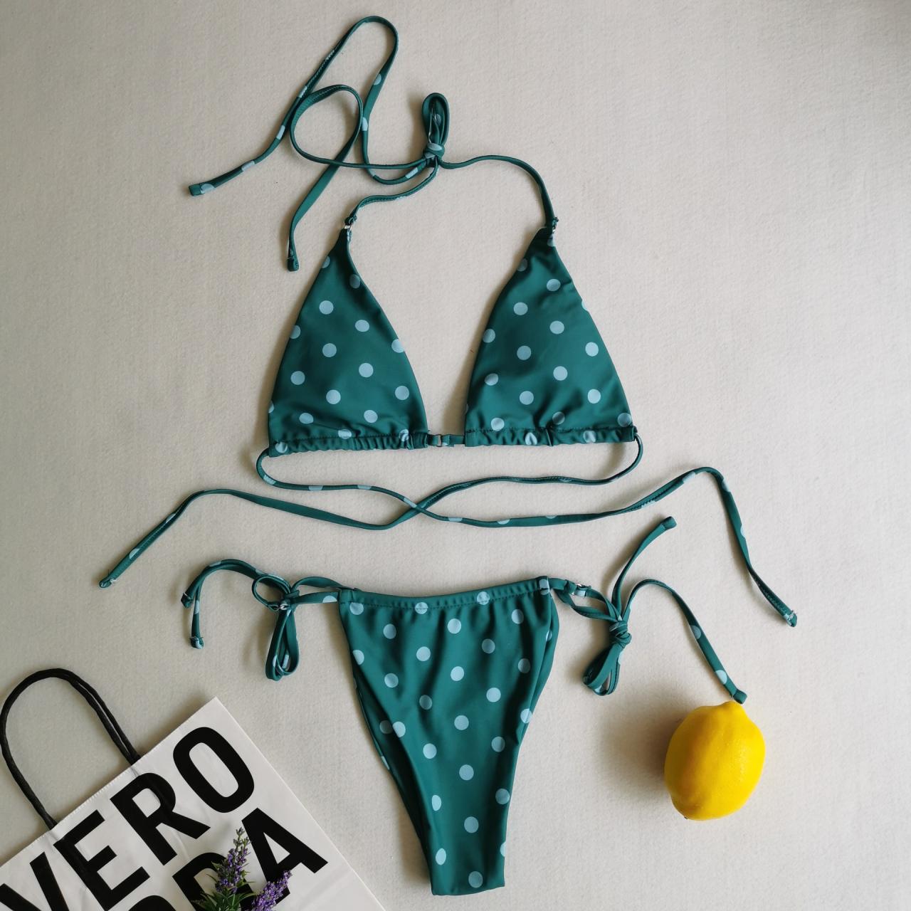 Soft Green Dots Lace-up Double Fabric Women's Bikini Swimsuit