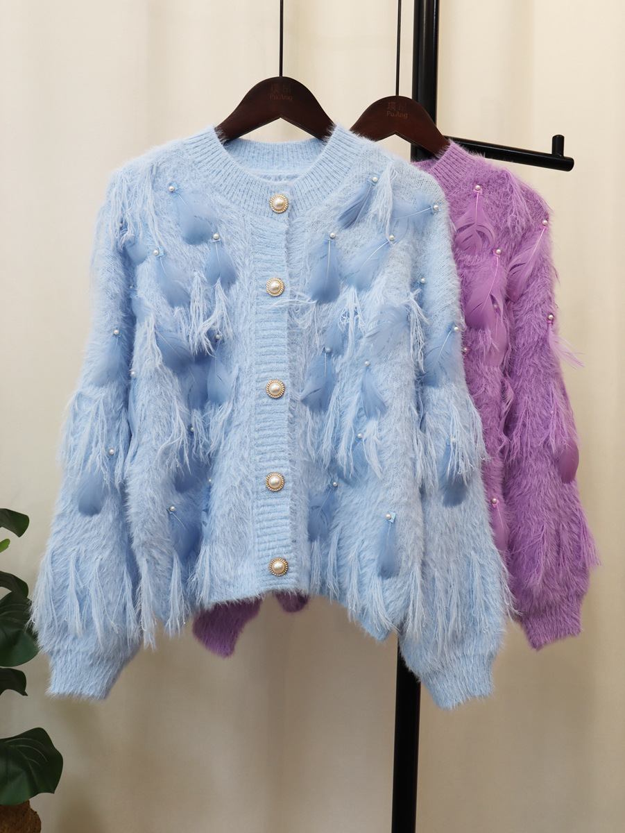 Enchanted Feather Cardigan, Luxe Pearl Buttoned Knitwear In Pastel Hues
