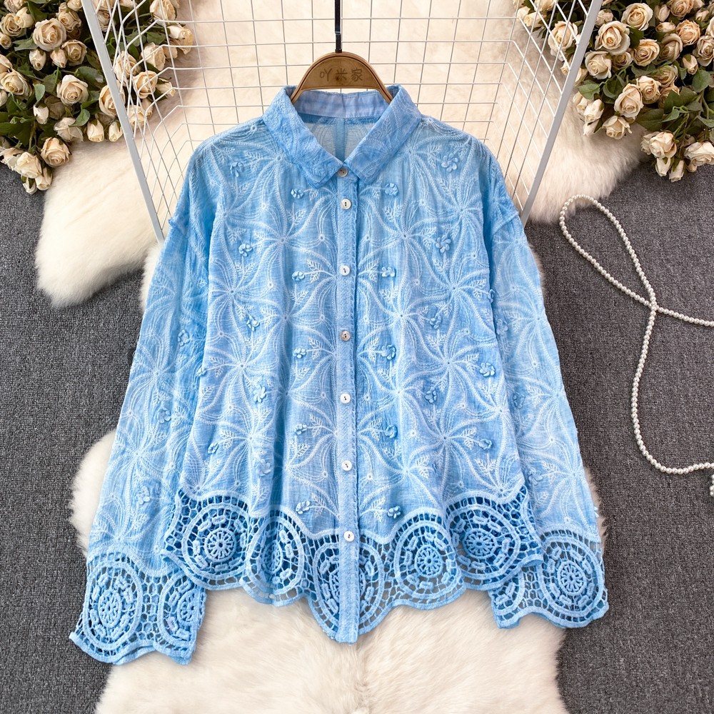 Temperament Long Sleeve Three-dimensional Flower Lapel Single Breasted Lace Patchwork Shirt Women's Casual Top