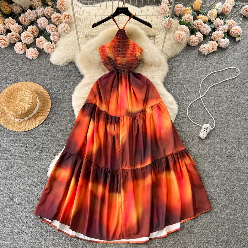 sachin and babi light blue dress Small Flame Red Hanging Neck Dress Women 2024 Elastic Waist Slimming Temperament Long Version Big Swing Holiday Dress