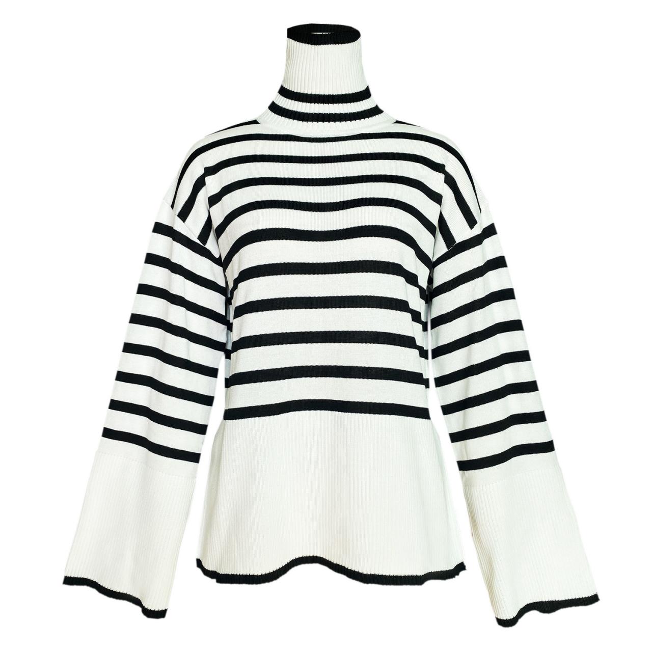 Women's Turtleneck Knitted Striped Sweater Top With Slit