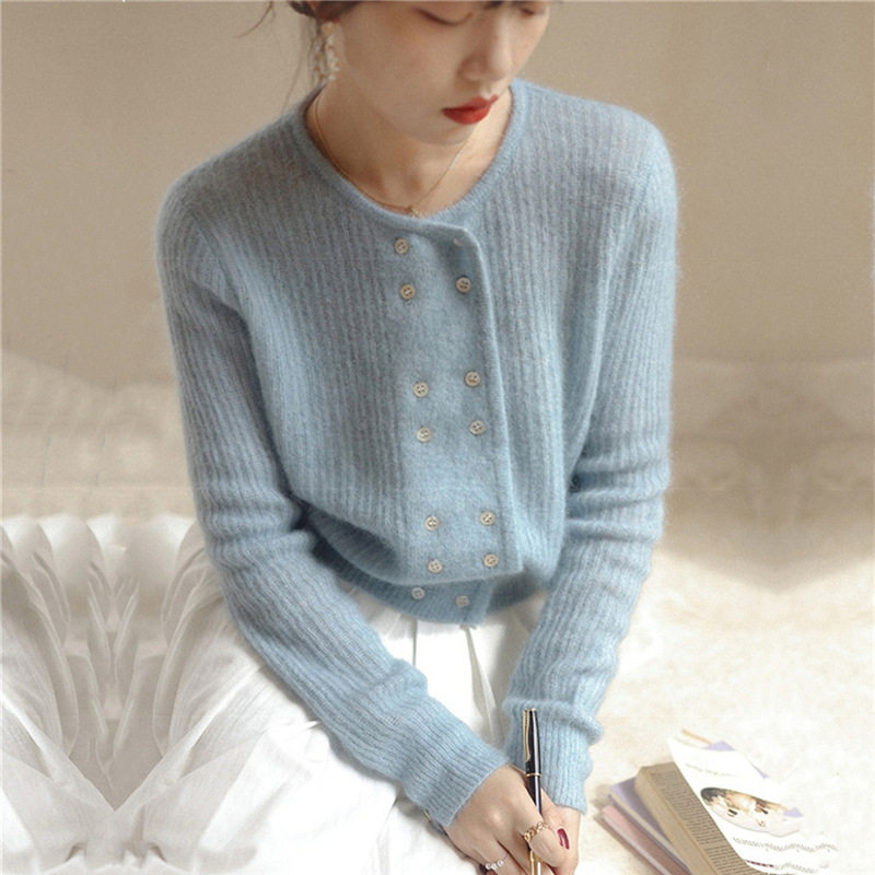 Double Breasted Sweater Cardigan Woman Spring And Autumn French Vintage Solid Color Short Knit Shirt