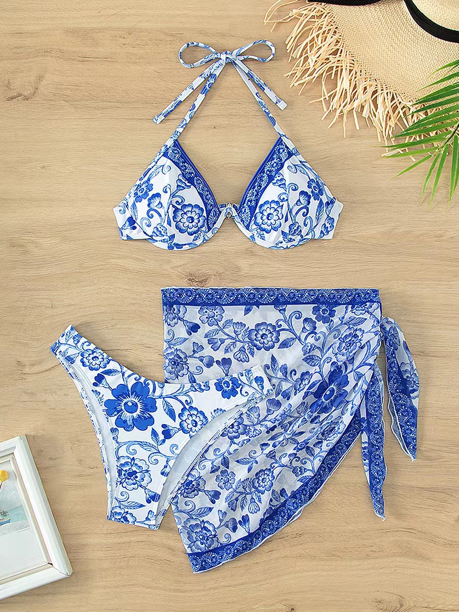 Blue And White Porcelain Printed Bikini Sexy Adjustable Tie Backless Sexy