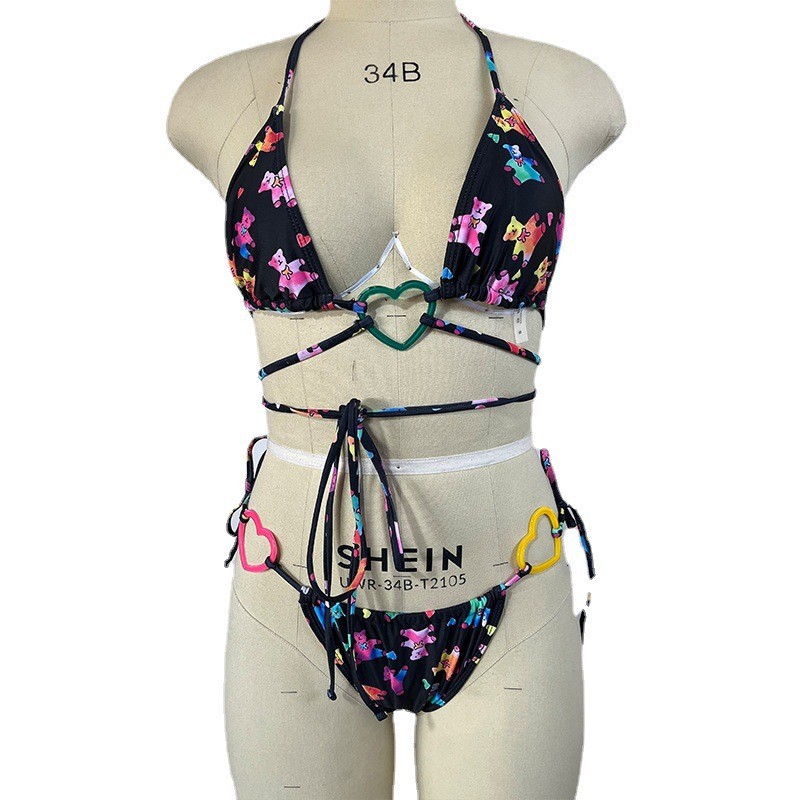 Swimsuit Blue Print Bear Bikini Heart Strap Two-piece Swimsuit