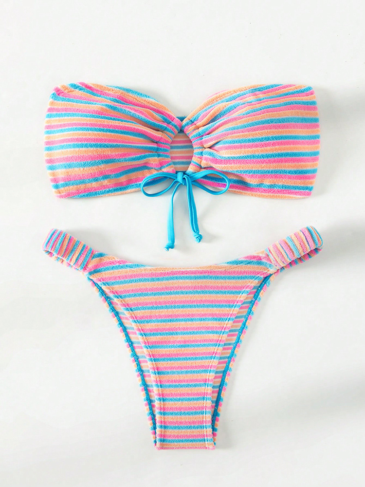 Tube Top Striped Printed High Waist Bikini Split Swimsuit Women Bikini