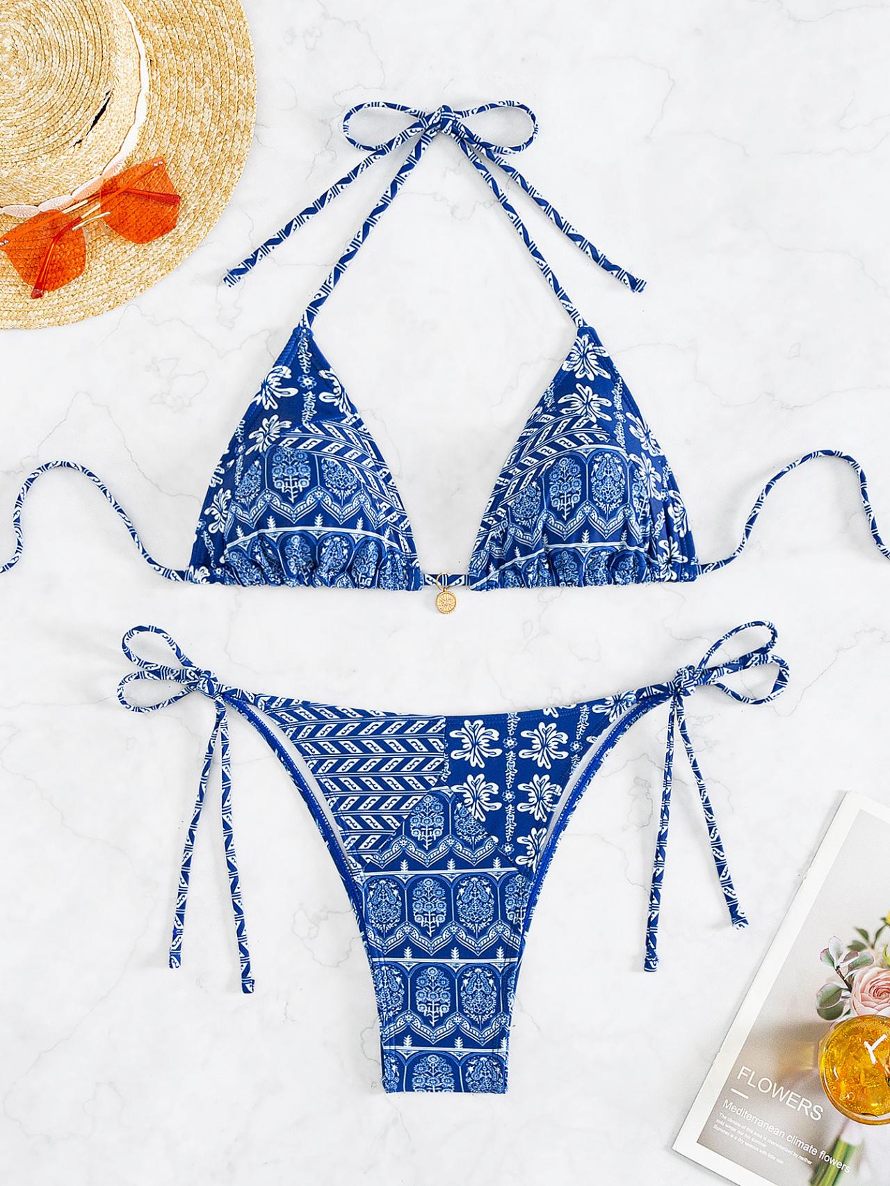 Printed Lace Up Sexy Blue Totem Geometry Bikini Split Swimsuit Swimwear Swimsuit