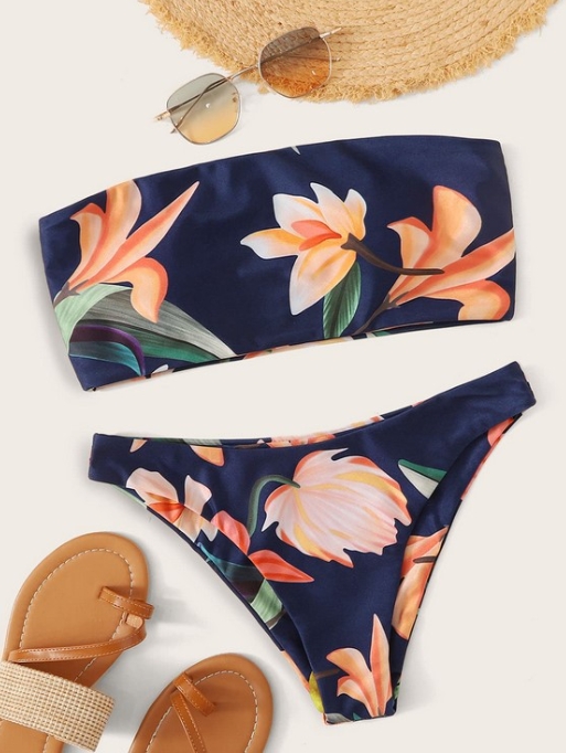 Printed Strapless Double-sided Split Bikini Swimsuit