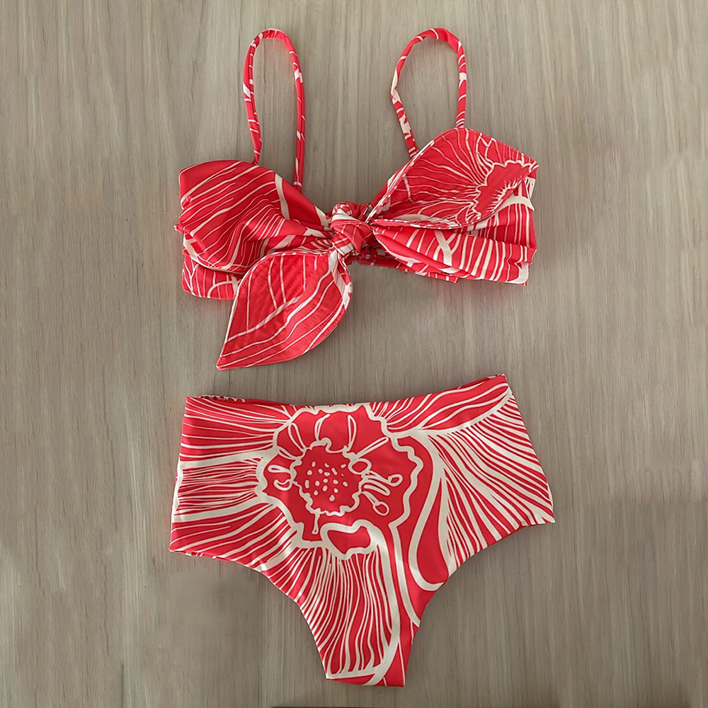 Sexy Bow Heavy Work Tie Bikini Abstract Printed Swimsuit