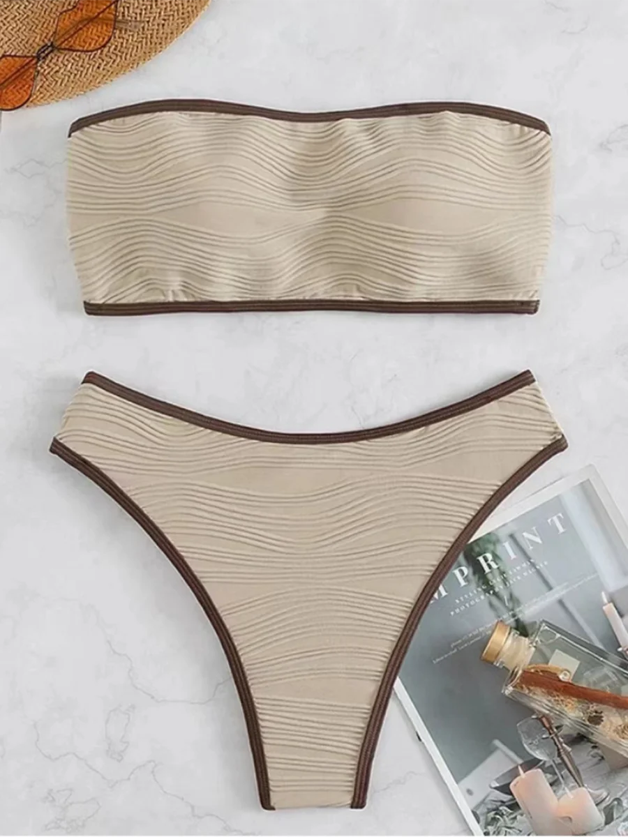 Womens Ribbed Bandeau Bikini Set With High cut Bottoms on Luulla