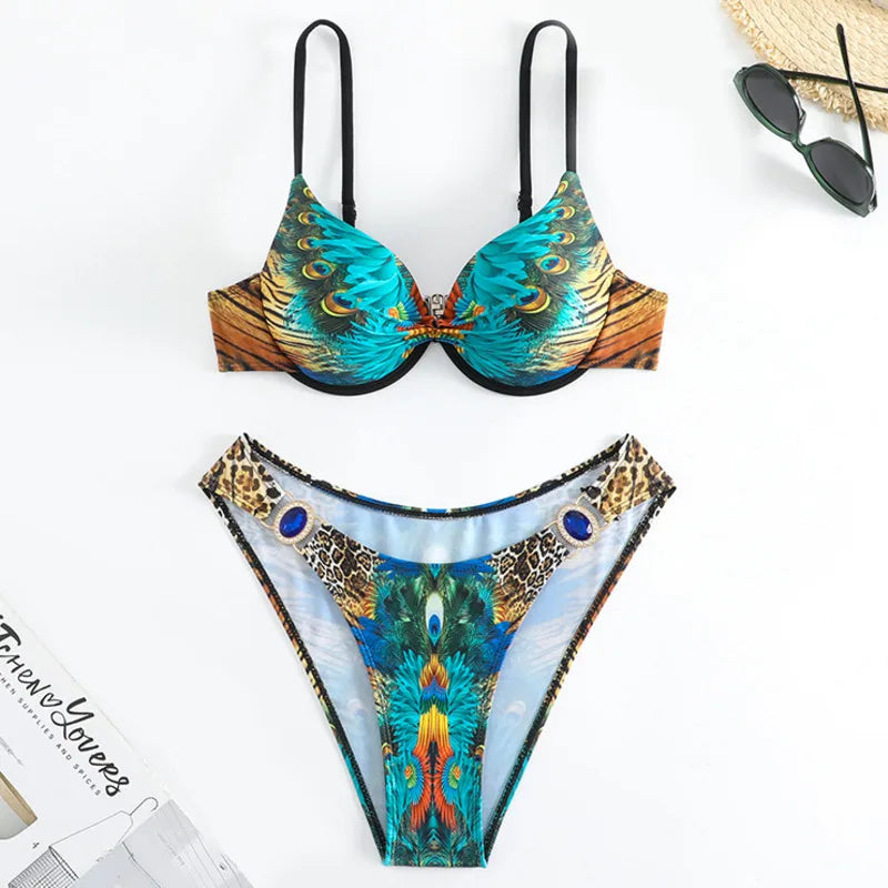 Womens Peacock Print Two piece Swimsuit With Leopard Accents