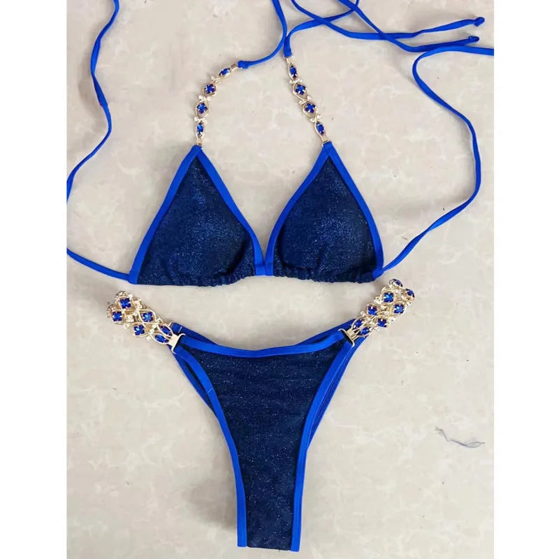 Tourtownbeach Womens Blue Glitter Bikini with Rhinestone Accents