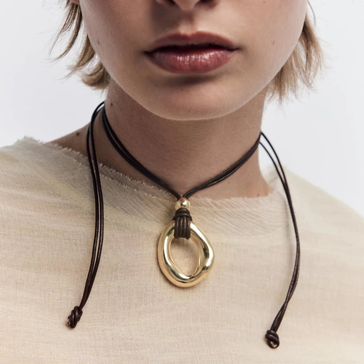 Bohemian Gold Pendant Leather Rope Choker Necklace on Luulla