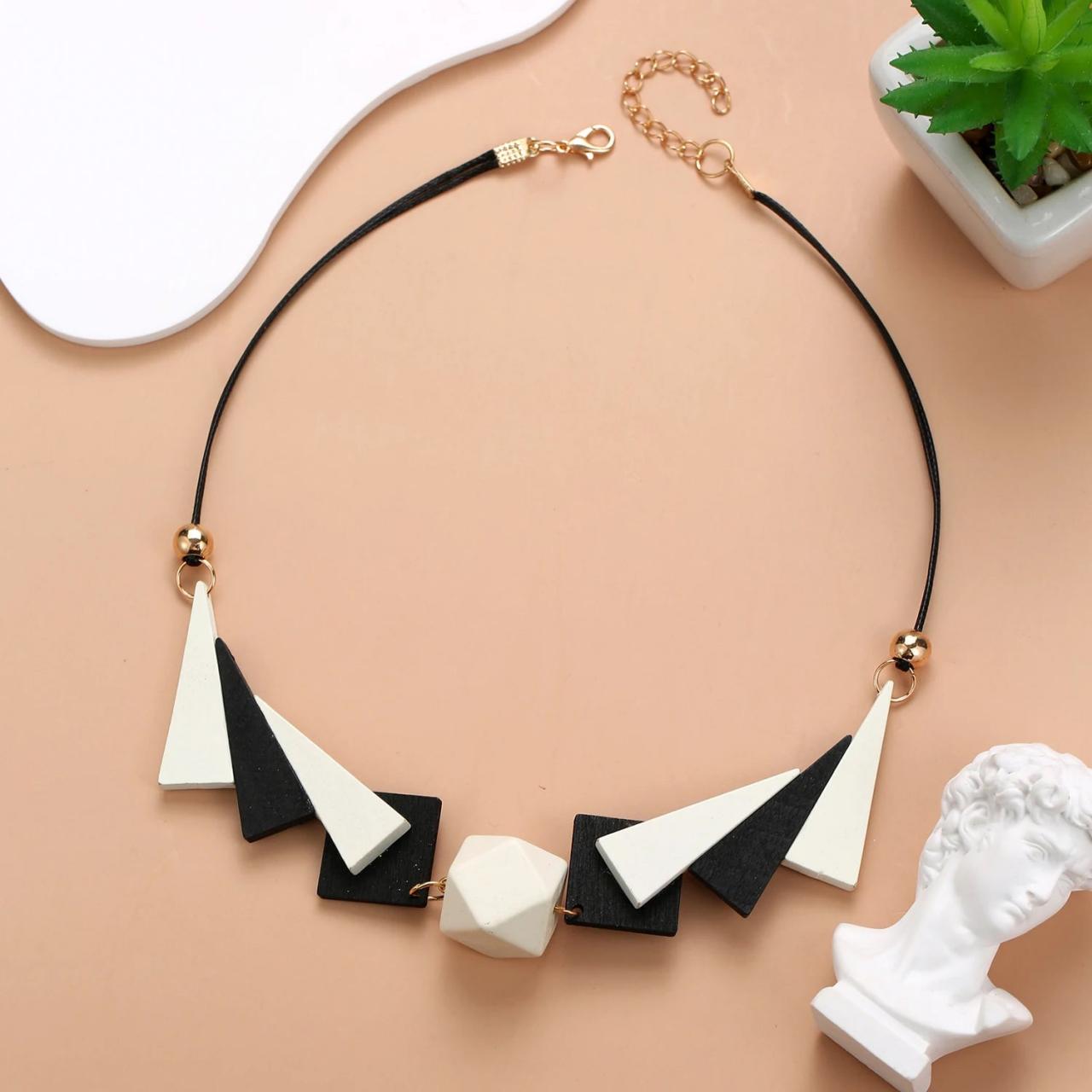 Geometric Statement Necklace With Black And White Shapes on Luulla