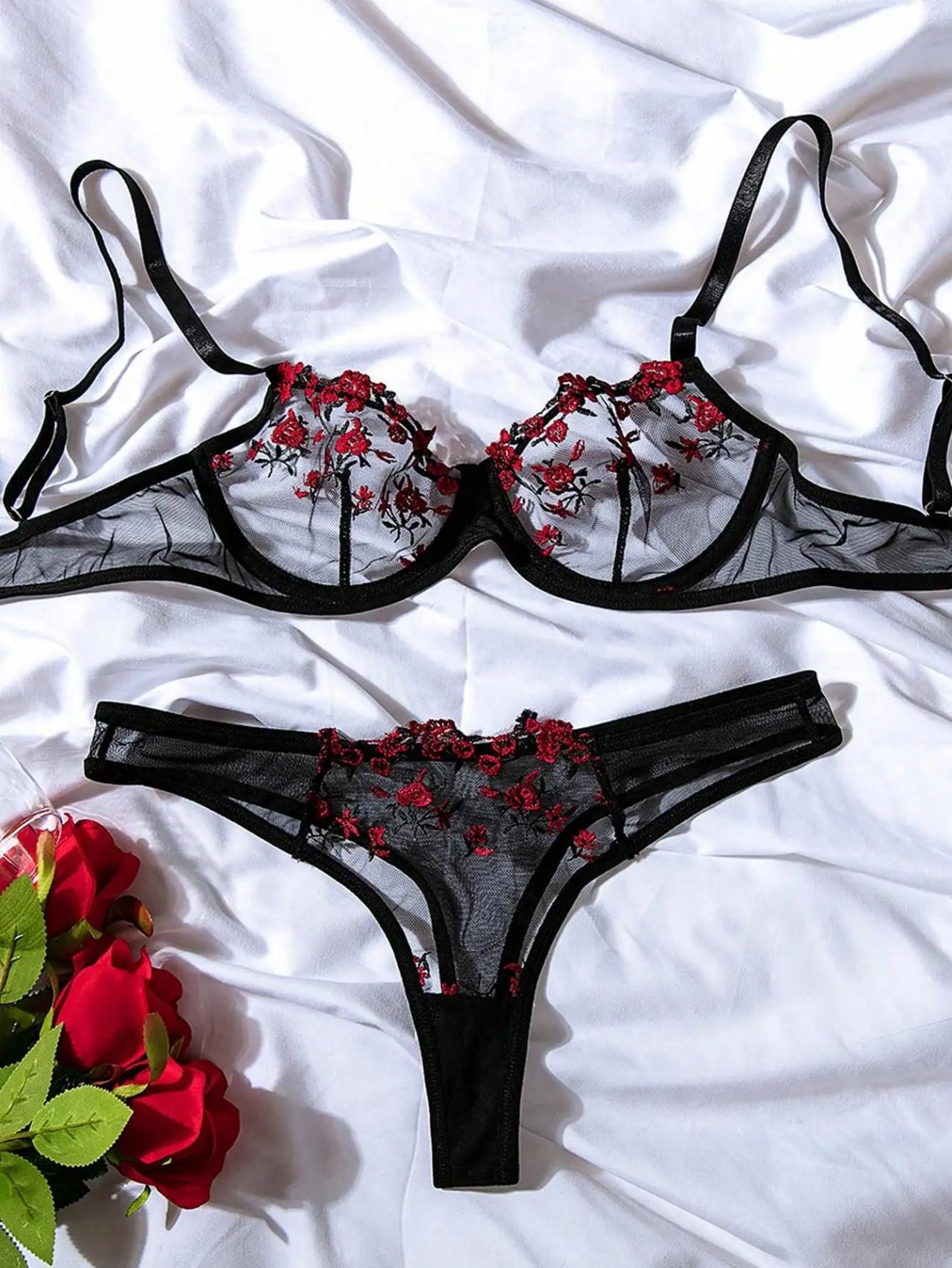 Lacy Black Lingerie Set With Red Embroidery