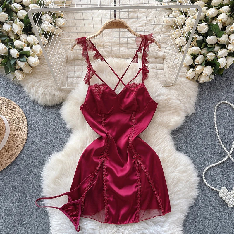 Elegant Red Satin Nightdress With Lace Trim on Luulla
