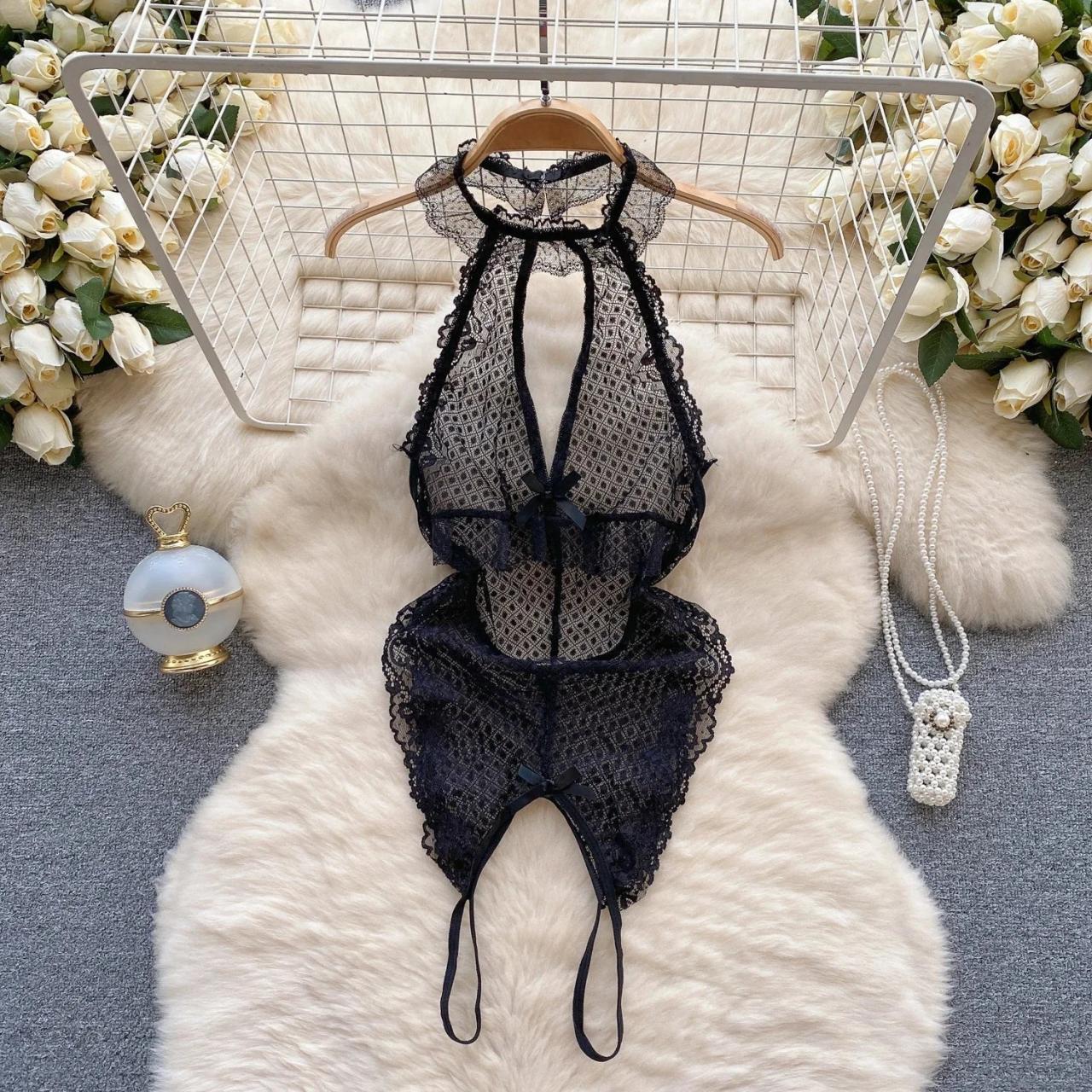Sexy Black Lace Halter Neck Lingerie Bodysuit on Luulla