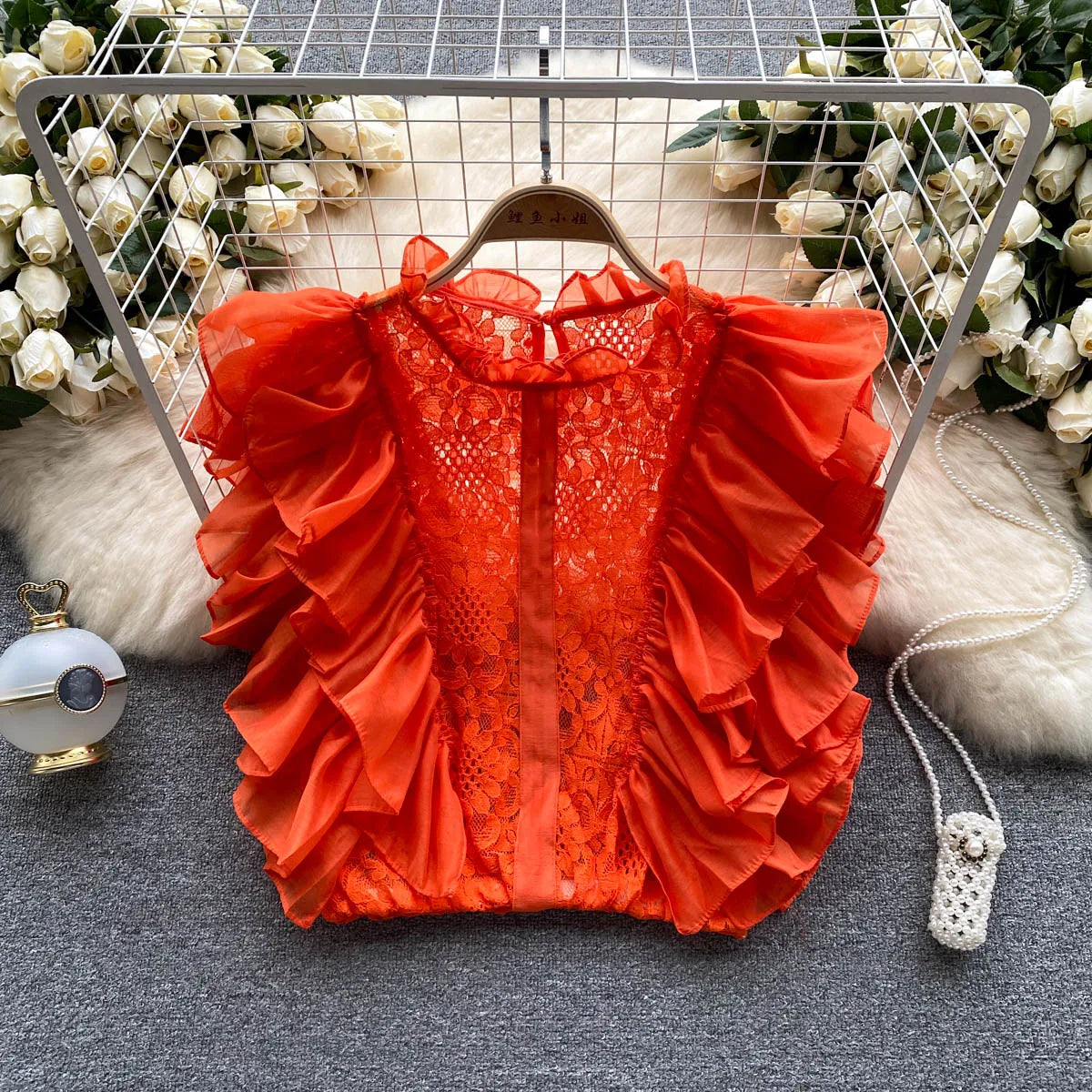 Red ruffle blouse deals