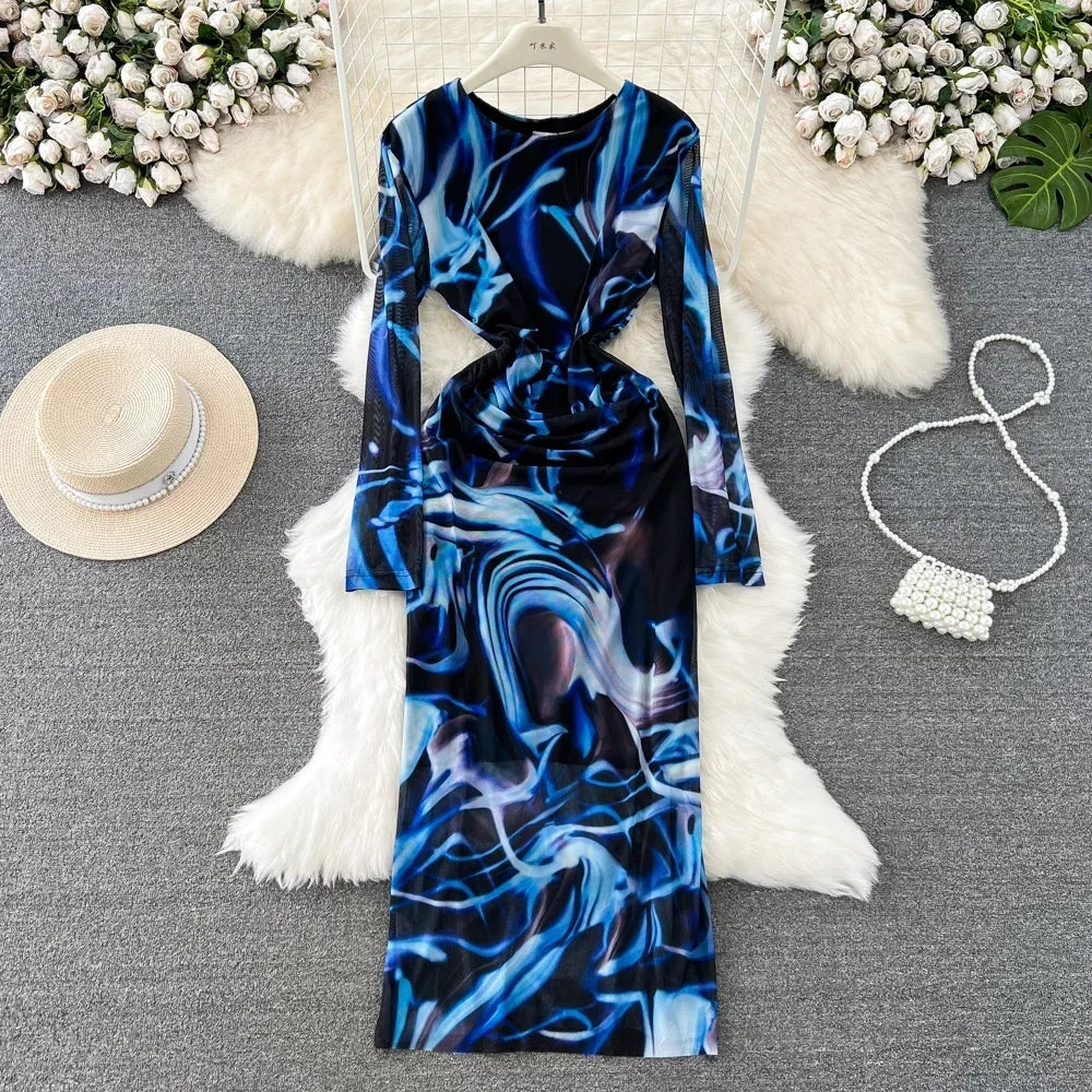 fitted lace wedding dress MARBLE PRINTED LONG SLEEVE SIDE CUT OUT DRESS main image 0