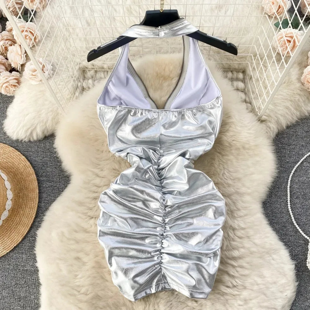 silver ruched mini dress Silver Metallic One Shoulder Cut Out Ruched Mini Dress